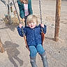 boots, chain, child, dirt, fence, glasses, hair, jacket, jeans, outdoors, play, playground, portrait, rural, shadow, sibling, smile, sunny, swing, wood_post