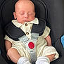 baby, infant, car_seat, sleeping, child, white_socks, cream_outfit, harness, red_button, peaceful, cute, resting, indoors, seatbelt, small_child, portrait, head, legs, hands, comfort