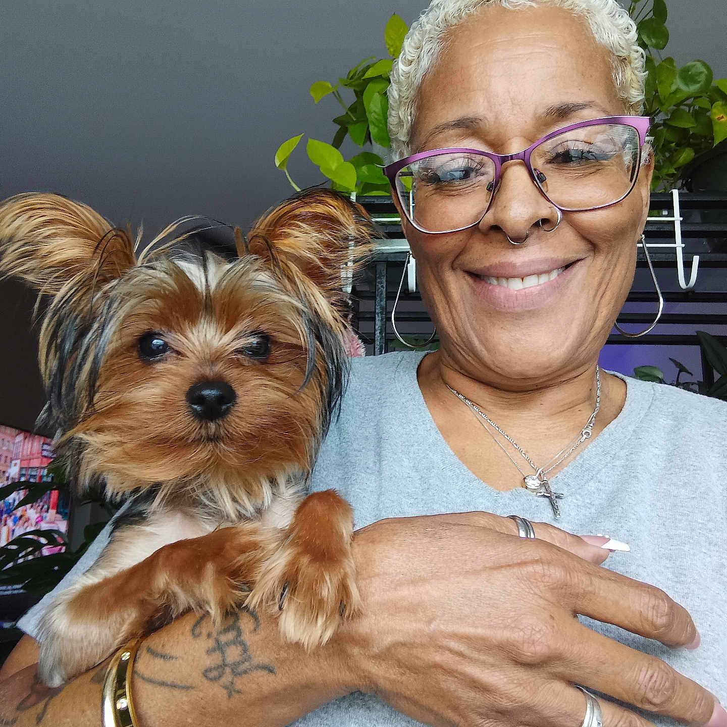 Miss Nova joined the competition — help win amazing prizes! accessories, adult, animal, bodypart, canine, dog, face, female, finger, glasses, hand, head, jewelry, necklace, person, pet, photography, portrait, puppy, woman