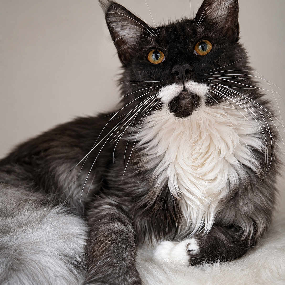 Aya participe au concours pour gagner de l'argent avec cette photo : cat, fluffy, black_and_white, amber_eyes, whiskers, fur, pet, animal, indoor, relaxed, cute, mammal, portrait, feline, lying_down, long_hair, soft_texture, close_up, paw, ears
