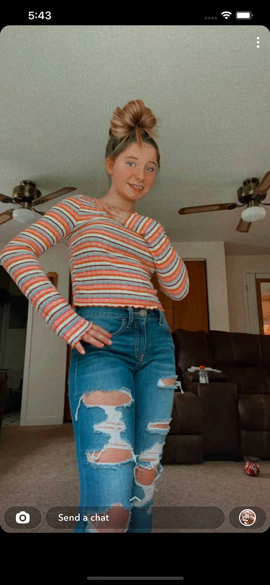 Kaystin is registered to the contest to win money with this photo: ceiling_fan, clothing, denim, fashion_design, hairstyle, joint, joy, knee, leg, neck, person, picture_frame, shoulder, sleeve, sportswear, standing, street_fashion, textile, thigh, trunk