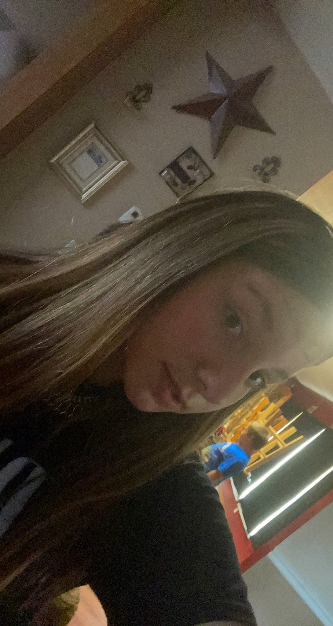 Kaystin is registered to the contest to win money with this photo: audio_equipment, bangs, brown_hair, child, drink, eyelash, eyewear, fun, hair_coloring, jaw, long_hair, mouth, nose, person, personal_protective_equipment, room, selfie, sitting