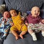baby, babies, child, couch, pillow, smiling, happy, infant, indoor, clothing, footwear, sitting, cute, family, portrait, three, people, colorful, cozy, home