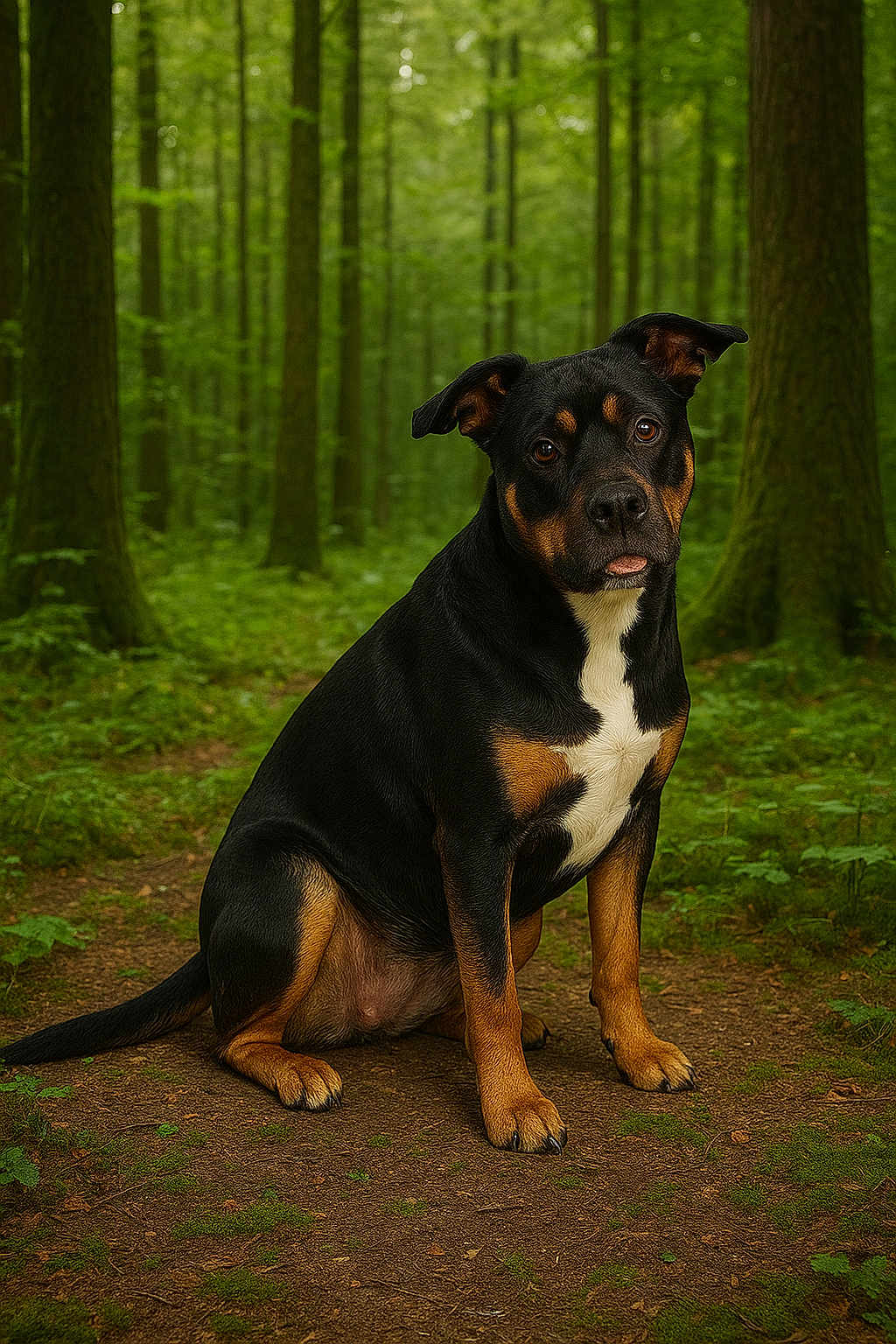 Athena a rejoint le concours — aidez-le/la à gagner de superbes lots ! dog, forest, trees, nature, path, outdoor, animal, pet, canine, sitting, black, tan, fur, ears, eyes, ground, greenery, woods, moss, quiet
