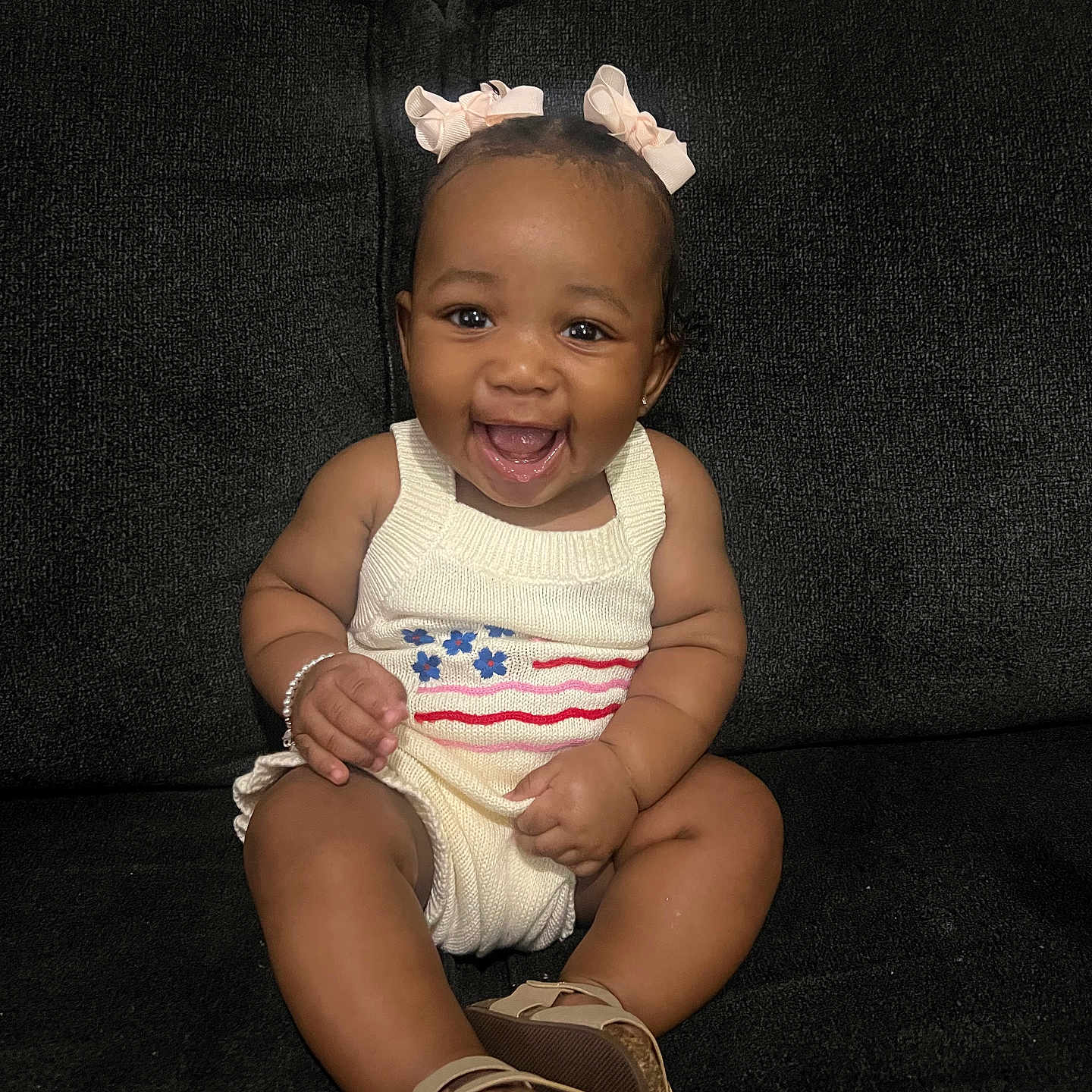 Kamiya joined the competition — help win amazing prizes! baby, child, smile, happy, sitting, couch, clothing, footwear, hair_bow, infant, indoors, person, portrait, cute, furniture, skin, face, arm, leg, bracelet