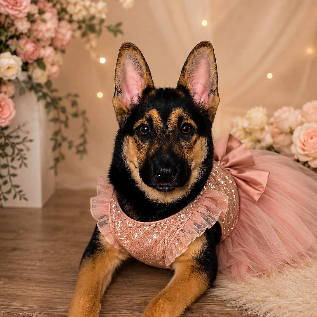 Sheera joined the competition — help win amazing prizes! german_shepherd, puppy, dog, tutu, pink_dress, flower_arrangement, wooden_floor, fairy_lights, portrait, cute, animal, pet, indoor, decor, soft_lighting, adorable, posing, ears_up, black_and_tan, costume