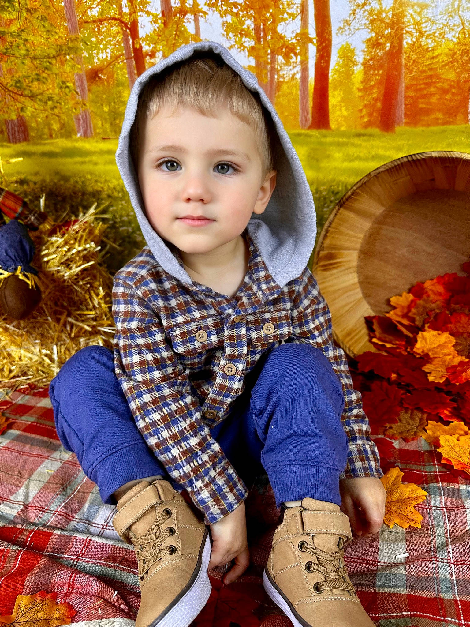 Zachary is registered to the contest to win money with this photo: beauty, child, deciduous, eye, grass, happy, human_leg, orange, pattern, people_in_nature, person, plaid, plant, sitting, sleeve, spring, tartan, toddler, tree, wood