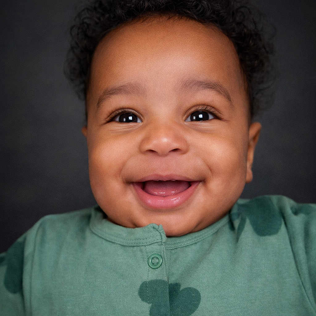Elijah -Alejandro joined the competition — help win amazing prizes! baby, button, cheek, child, closeup, curly_hair, cute, dimple, eyes, face, front_lighting, green_clothing, happy, infant, onesie, portrait, skin, smile, studio_background, teeth
