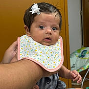 Hayami is registered to the contest to win money with this photo: baby, infant, child, person, bib, hair_bow, striped_clothing, hand, arm, indoor, door, baby_chair, animal_print, seated, looking_at_camera, holding, cute, expression, skin, furniture