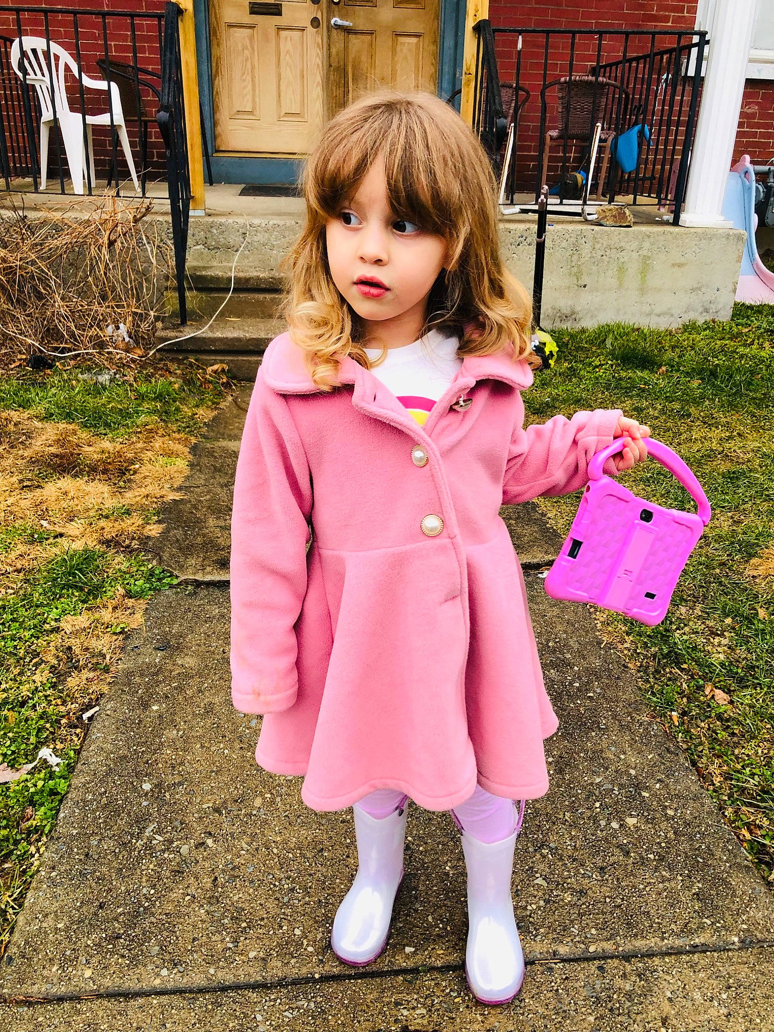 Lucy joined the competition — help win amazing prizes! baby_toddler_clothing, blond, brown_hair, child, costume, fashion_accessory, fun, fur, grass, happy, human_leg, leisure, magenta, pattern, person, pink, play, sleeve, standing, textile