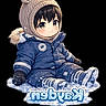 cartoon, illustration, child, toddler, snowsuit, hat, bear_ears, snow, blue_clothing, winter, cute, smiling, sitting, digital_art, chibi_style, warm_clothing, gloves, boots, name_text, background_black