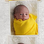 Dallas is registered to the contest to win money with this photo: baby, newborn, infant, yellow_blanket, swaddled, sleeping, awake, portrait, closeup, face, soft_texture, white_background, fluffy, cute, peaceful, resting, child, wrapped, cozy, photography