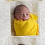 baby, newborn, infant, yellow_blanket, swaddled, sleeping, awake, portrait, closeup, face, soft_texture, white_background, fluffy, cute, peaceful, resting, child, wrapped, cozy, photography