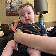 Henry joined the competition — help win amazing prizes! baby, child, person, infant, holding, fox_pattern, clothing, arm, couch, elderly_person, phone, painting, deer, lamp, indoor, living_room, relaxed, seated, curious_expression, home