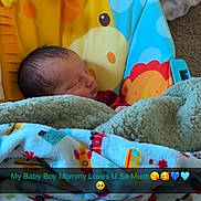 Matteo is registered to the contest to win money with this photo: newborn, baby, infant, sleeping, face, portrait, blanket, swaddle, baby_seat, giraffe, colorful, cozy, indoors, home, text_overlay, emojis, parent_message, patterned_blanket, resting, cute