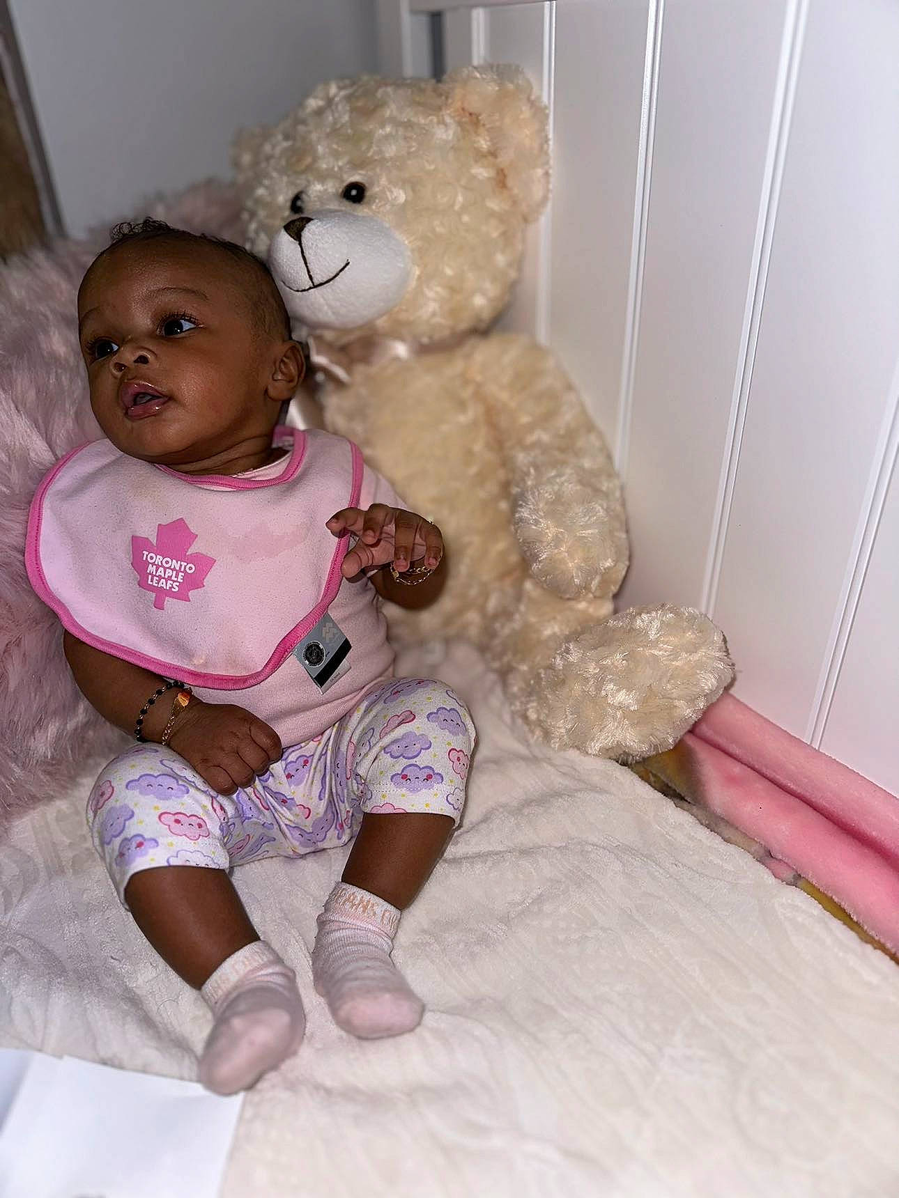 Sariyah is registered to the contest to win money with this photo: baby, baby_toddler_clothing, baby_toys, cheek, child, comfort, doll, fur, happy, linens, nose, person, pink, plush, sitting, sleeve, stuffed_toy, teddy_bear, textile, toddler
