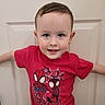Phoenix joined the competition — help win amazing prizes! child, boy, smile, red_tshirt, spiderman, graphic_tee, door, indoors, short_hair, casual_clothing, portrait, cute, happy, arms_outstretched, young_child, light_skin, standing, front_view, toddler, expression