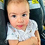 Adrián joined the competition — help win amazing prizes! toddler, child, car_seat, white_shirt, bracelet, dinosaur_print, closeup, curious_expression, big_eyes, seatbelt, interior, car, warning_label, short_sleeves, cute, infant, portrait, baby, young_child, person