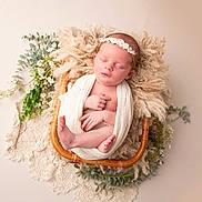 Edie is registered to the contest to win money with this photo: newborn, baby, sleeping, basket, blanket, headband, flower_crown, greenery, lace, soft_texture, cozy, portrait, infant, peaceful, cute, wrapped, resting, indoor, closeup, adorable