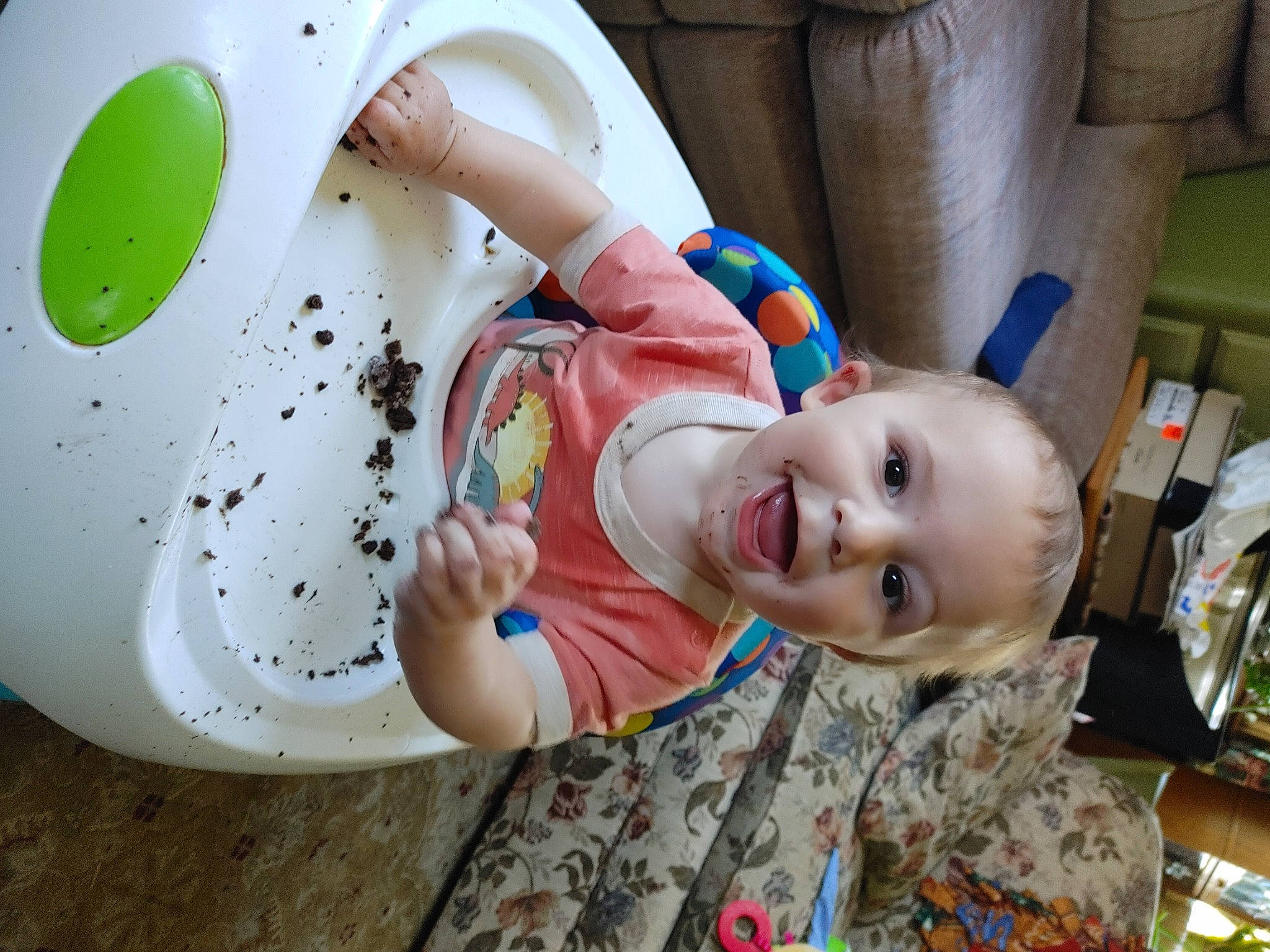 J J is registered to the contest to win money with this photo: arm, baby, baby_products, baby_toddler_clothing, cheek, child, circle, dishware, drinkware, fun, hairstyle, hand, happy, person, play, sitting, skin, smile, tableware, toddler