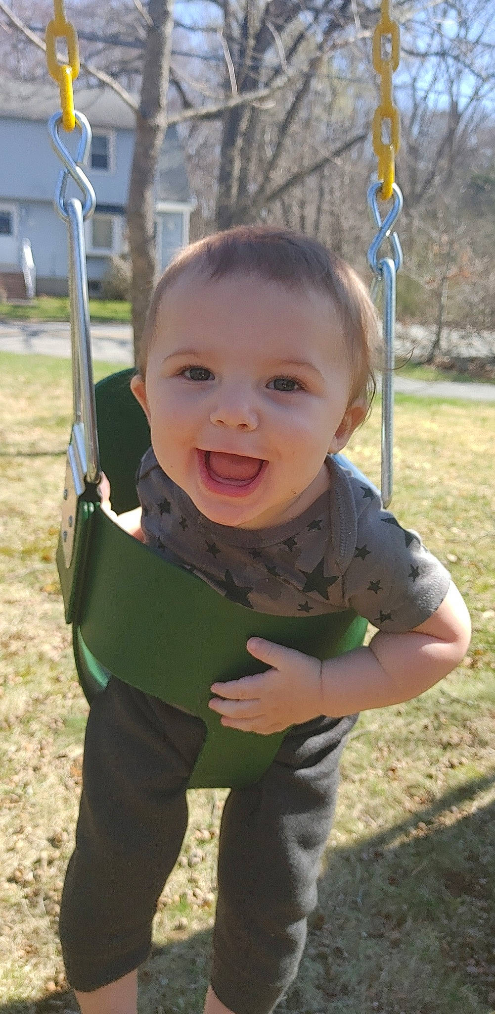 J J joined the competition — help win amazing prizes! baby, cheek, eye, facial_expression, grass, hairstyle, happy, head, leaf, leisure, person, plant, playground, skin, sleeve, smile, standing, swing, toddler, tree