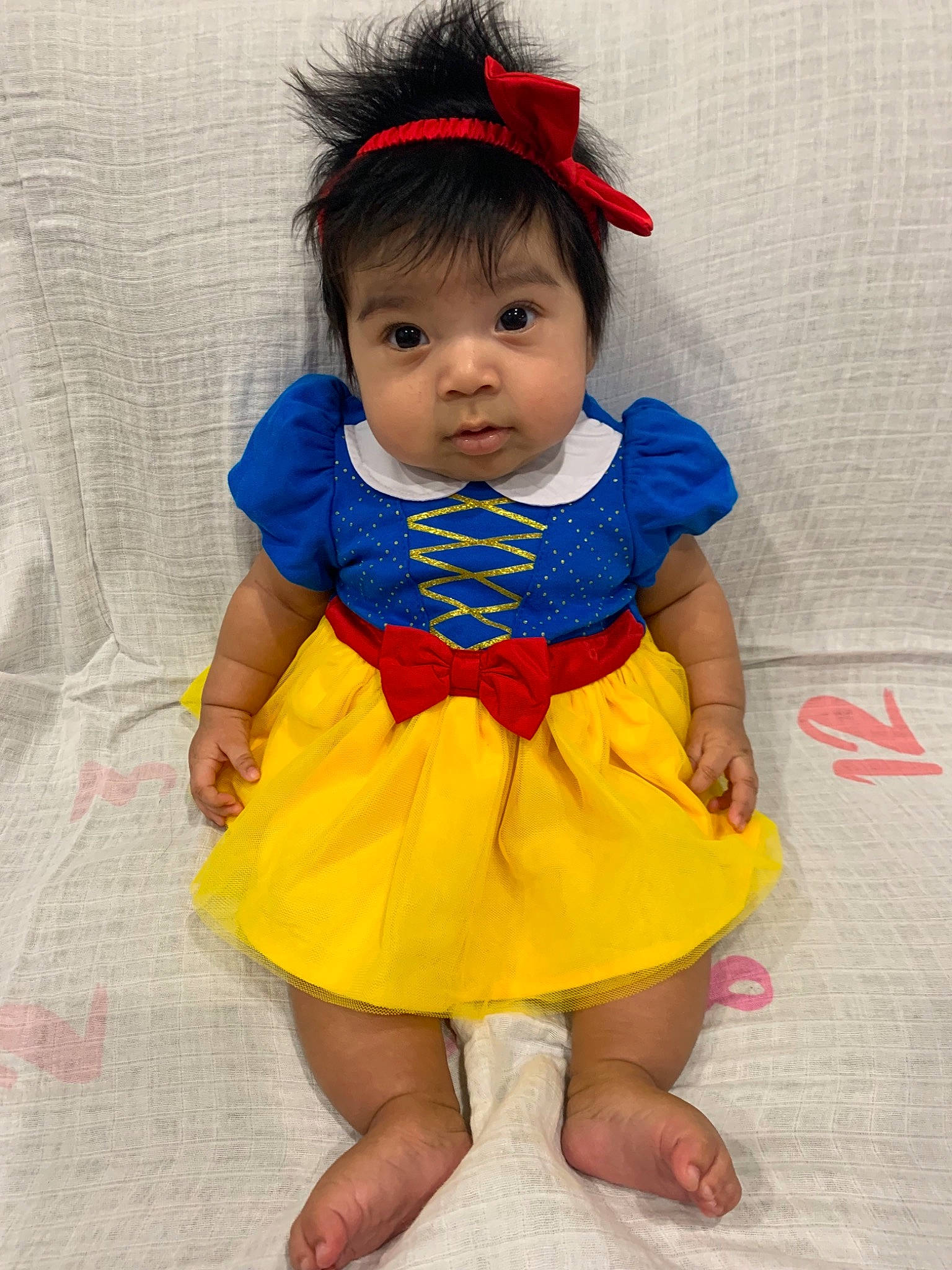 Zelda joined the competition — help win amazing prizes! baby, baby_products, baby_toddler_clothing, blue, cheek, child, clothing, costume, dress, fictional_character, hair_accessory, head, person, skin, smile, toddler, yellow