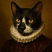 Dexter is registered to the contest to win money with this photo: cat, portrait, costume, renaissance, ruffled_collar, black_and_white, animal, pet, feline, clothing, historical, studio, indoor, face, closeup, expression, artistic, fashion, mystical, serious