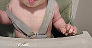 Quentinn joined the competition — help win amazing prizes! baby, child, cute, expression, face, feeding, food, hands, high_chair, indoor, infant, messy, playful, portrait, seat, skin, smile, straps, tongue, young