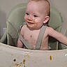 Quentinn joined the competition — help win amazing prizes! baby, child, cute, expression, face, feeding, food, happy, high_chair, indoor, infant, mealtime, messy, person, seat, skin, smile, straps, table, wall