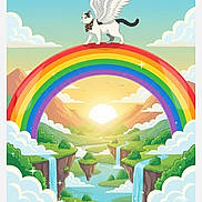 Rambo is registered to the contest to win money with this photo: cat, wings, rainbow, floating_islands, waterfalls, sunrise, clouds, mountains, river, greenery, sky, fantasy, illustration, digital_art, animal, landscape, colorful, scenic, nature, flying