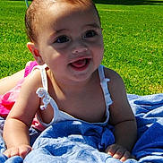 Aletha joined the competition — help win amazing prizes! baby, child, smile, happy, grass, blanket, outdoor, sunlight, earrings, toddler, clothing, face, person, greenery, nature, daylight, skin, cute, portrait, summer