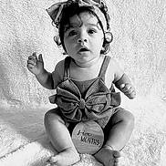 Jaleana is registered to the contest to win money with this photo: adorable, baby, big_eyes, black_and_white, bow, child, clothing, curly_hair, cute, expression, headband, indoor, infant, portrait, sitting, six_months, soft_blanket, studio, wooden_sign, young