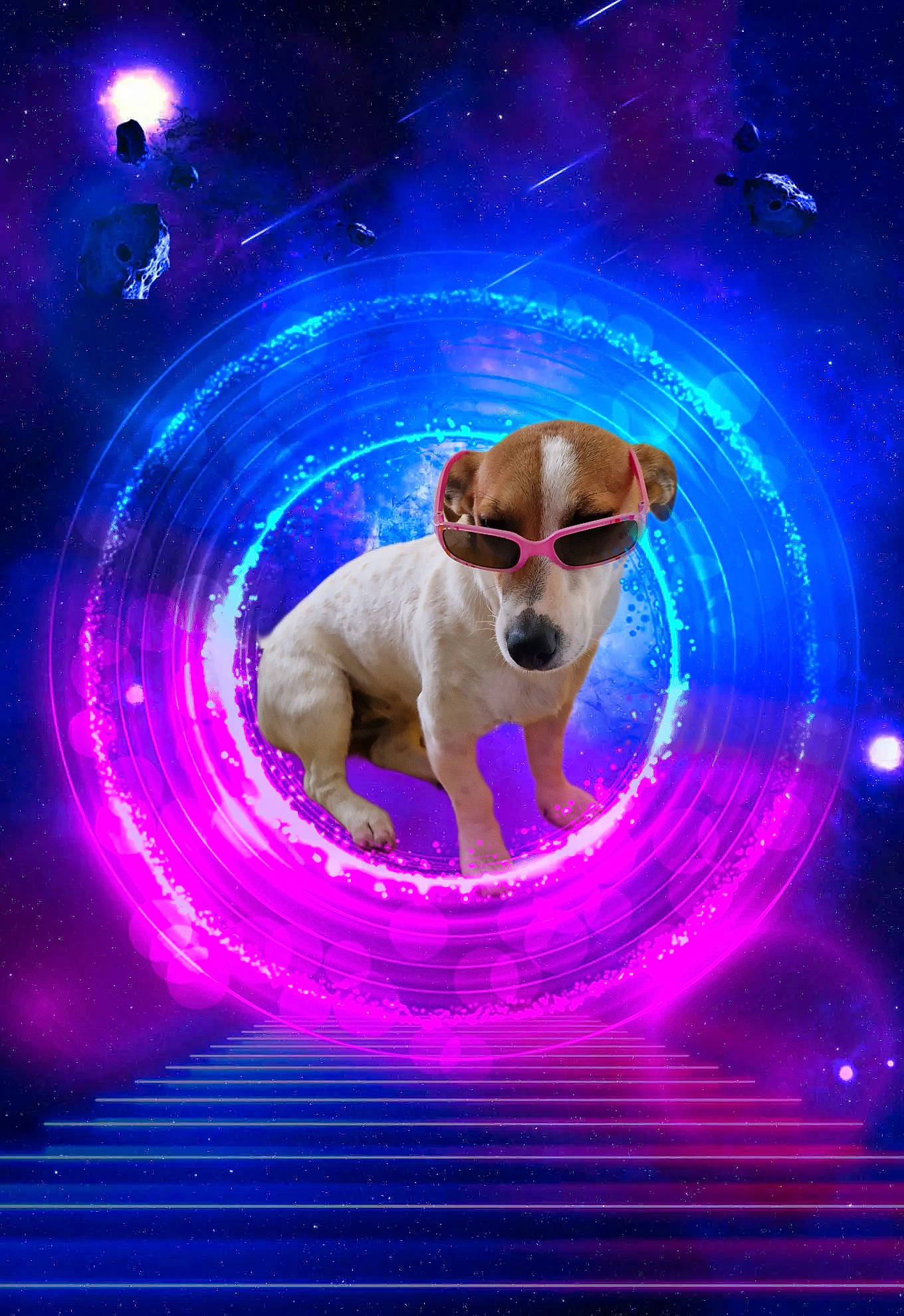 Ulyne participe au concours pour gagner de l'argent avec cette photo : art, carnivore, circle, companion_dog, darkness, dog, dog_breed, electric_blue, entertainment, event, eyewear, fawn, fictional_character, graphics, magenta, neon, night, pink, purple, visual_effect_lighting