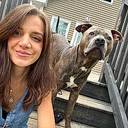 Dashi is registered to the contest to win money with this photo: brindle_dog, brown_hair, casual_clothing, closeup, daylight, dog, ears_up, friendly, house, looking_away, necklace, outdoor, pet, portrait, railing, smile, stairs, tongue_hidden, woman, wooden_steps