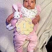 Maisy is registered to the contest to win money with this photo: baby, infant, plush_toy, bunny, pink_clothing, blanket, soft_texture, milestone, wooden_sign, cute, lying_down, sock, onesie, decorative_sign, child, portrait, indoors, newborn, happy, small_hands