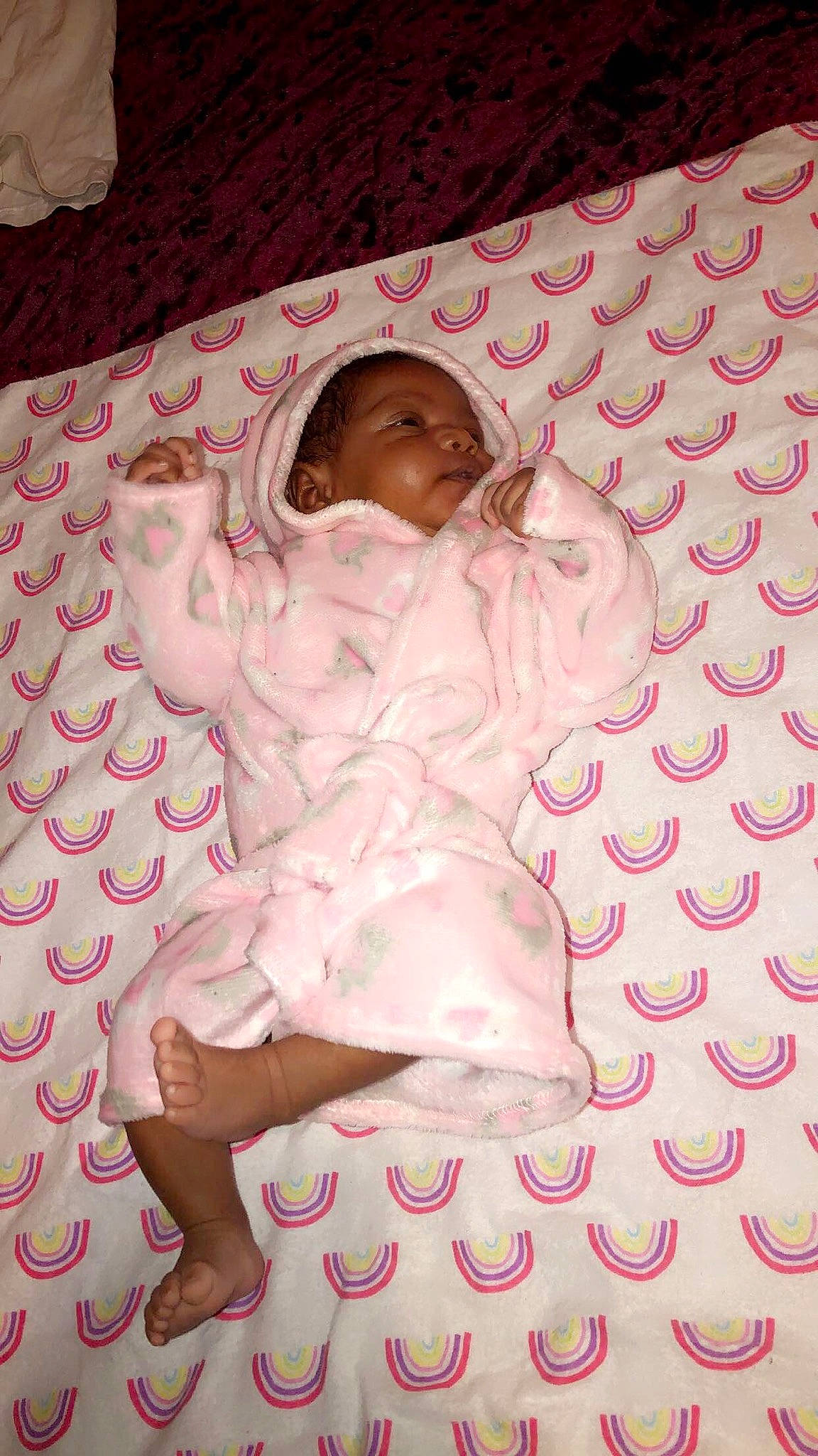 Kamiyah is registered to the contest to win money with this photo: baby, baby_sleeping, baby_toddler_clothing, bed, bed_sheet, bedding, chest, child, comfort, flesh, linens, magenta, mammal, pattern, peach, person, pink, room, textile, thumb