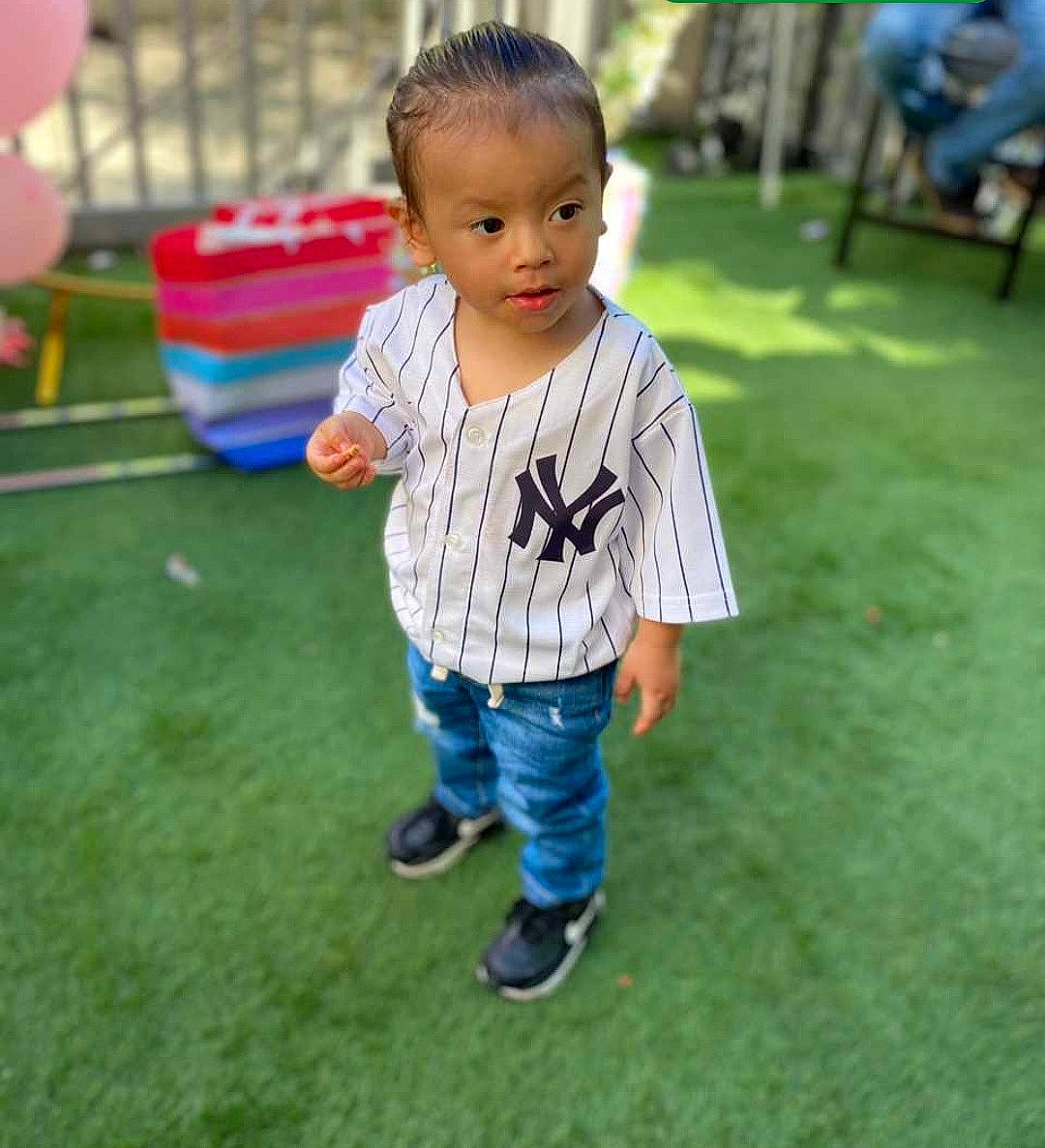 Ethan joined the competition — help win amazing prizes! baby, baby_toddler_clothing, balloon, child, city, flooring, fun, garden, grass, grassland, happy, lawn, leisure, outdoor_play_equipment, person, plant, recreation, sitting, sleeve, t_shirt