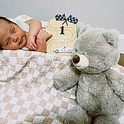 Ryker is registered to the contest to win money with this photo: baby, sleeping, blanket, teddy_bear, plush_toy, milestone_sign, one_month, infant, cozy, checkered_pattern, floor, wall, cute, soft, child, portrait, indoors, resting, peaceful, toy