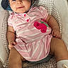 baby, child, infant, smiling, hat, blue_hat, pink_dress, butterfly_patch, sneakers, pink_shoes, white_socks, seated, cushioned_seat, indoor, cute, happy, portrait, one_child, clothing, footwear
