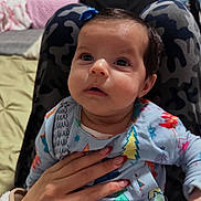 Izabella is registered to the contest to win money with this photo: baby, infant, child, face, hand, clothing, onesie, hair_clip, colorful, patterned, nail_polish, person, indoor, cute, portrait, looking_up, skin, young, expression, supporting_hand