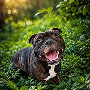 Aïko participe au concours pour gagner de l'argent avec cette photo : dog, brindle, smiling, happy, outdoor, greenery, plants, sunlight, nature, leaves, canine, pet, animal, tongue, grass, forest, daylight, closeup, muzzle, snout
