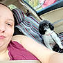 person, dog, poodle, car, seatbelt, window, blanket, striped_blanket, interior, pet, leash, collar, black_and_white, face, nose_ring, casual_clothing, seat, daylight, trees, vehicle