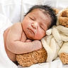 newborn, baby, sleeping, teddy_bear, plush_toy, blanket, soft, cute, infant, cozy, child, peaceful, rest, cuddling, white, fur, portrait, comfort, bed, warm