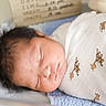 Thiago joined the competition — help win amazing prizes! newborn, baby, sleeping, swaddle, giraffe_pattern, crib, blanket, wooden_sign, birth_details, infant, cute, peaceful, portrait, indoors, soft_lighting, closeup, head, face, skin, resting