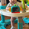 Lily is registered to the contest to win money with this photo: activity_center, baby, bright, child, clothing, cute, feet, floor, furniture, happy, home, indoor, infant, living_room, person, playtime, smile, toy, walker, wood_floor