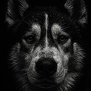 Valko participe au concours pour gagner de l'argent avec cette photo : dog, husky, portrait, black_and_white, close_up, wet_fur, water_droplets, animal, canine, ears, face, eyes, nose, fur, dark_background, intense, focused, muzzle, whiskers, photography