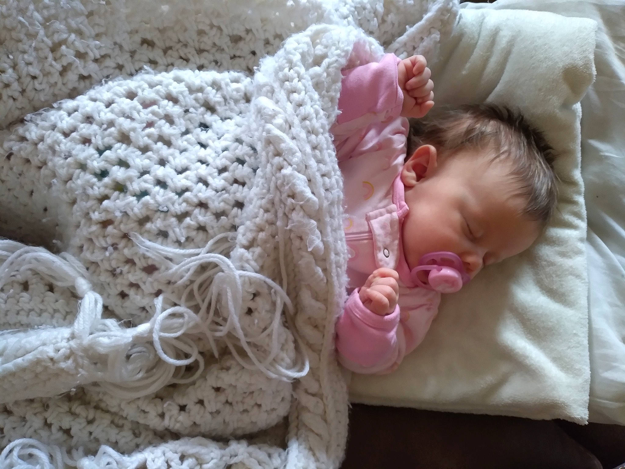 Ravyn joined the competition — help win amazing prizes! baby_sleeping, baby_toddler_clothing, bedtime, child, comfort, craft, creative_arts, crochet, knitting, linens, nap, needlework, person, pink, sleep, sweater, textile, thread, weaving, wool