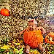 Uriella joined the competition — help win amazing prizes! baby, clothing, countryside, face, food, hat, head, leaf, nature, outdoors, person, photography, plant, portrait, produce, pumpkin, soil, squash, straw, vegetable