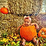 baby, clothing, countryside, face, food, hat, head, leaf, nature, outdoors, person, photography, plant, portrait, produce, pumpkin, soil, squash, straw, vegetable