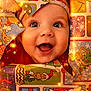 baby, child, face, smile, christmas, wrapping_paper, holiday, grinch, star_shaped_cutout, festive, cute, joyful, glowing_lights, celebration, colorful, closeup, happy, holiday_decor, infant, cheerful